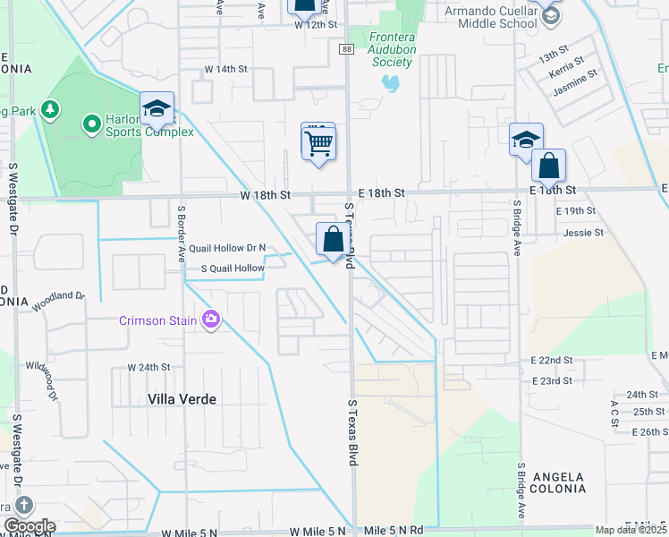 map of restaurants, bars, coffee shops, grocery stores, and more near 2100 South Texas Boulevard in Weslaco