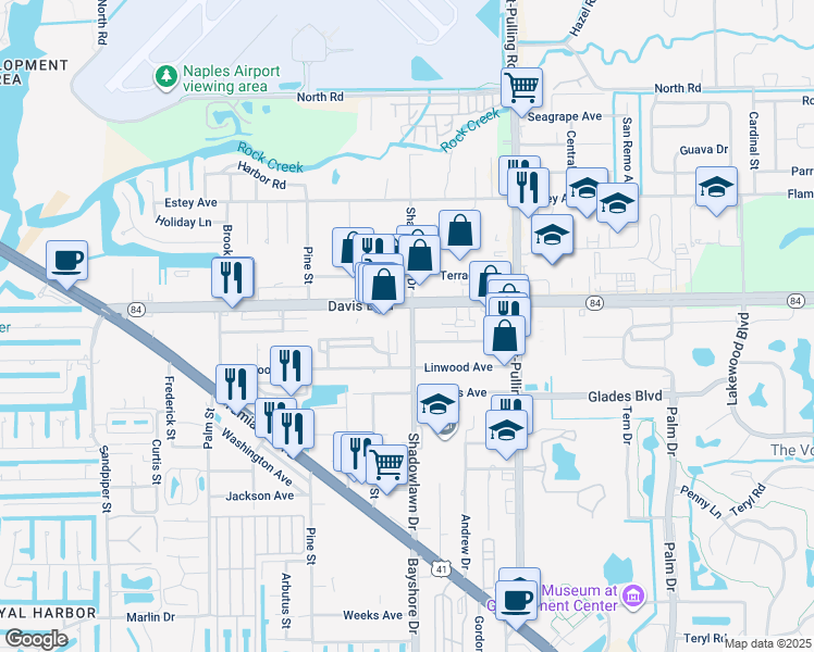 map of restaurants, bars, coffee shops, grocery stores, and more near 1696 Shadowlawn Drive in Naples