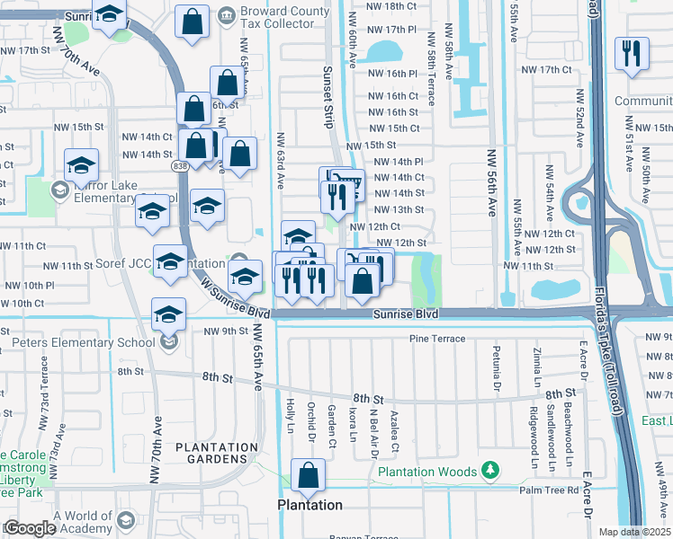 map of restaurants, bars, coffee shops, grocery stores, and more near 1075 Sunset Strip in Lauderhill