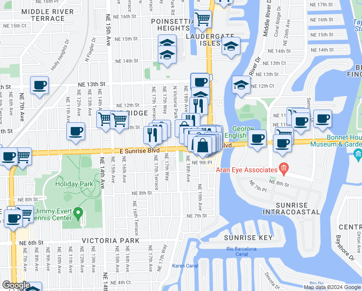 map of restaurants, bars, coffee shops, grocery stores, and more near 1771 East Sunrise Boulevard in Fort Lauderdale