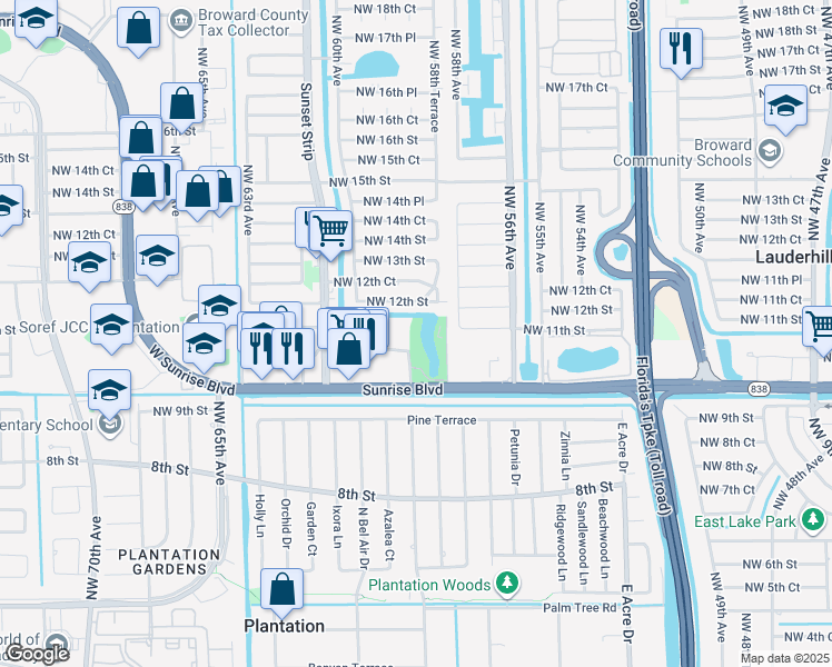 map of restaurants, bars, coffee shops, grocery stores, and more near 1101 Northwest 58th Terrace in Sunrise