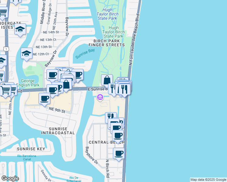 map of restaurants, bars, coffee shops, grocery stores, and more near 915 East Sunrise Boulevard in Fort Lauderdale