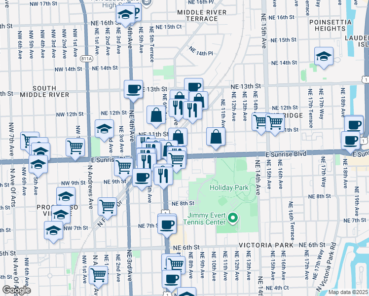 map of restaurants, bars, coffee shops, grocery stores, and more near 1011 Northeast 8th Avenue in Fort Lauderdale