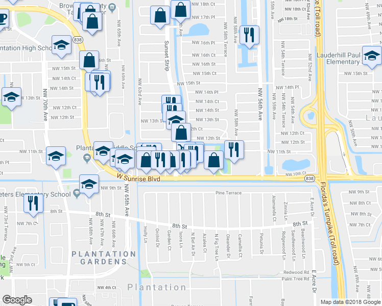 map of restaurants, bars, coffee shops, grocery stores, and more near 6005 Del Lago Circle in Sunrise