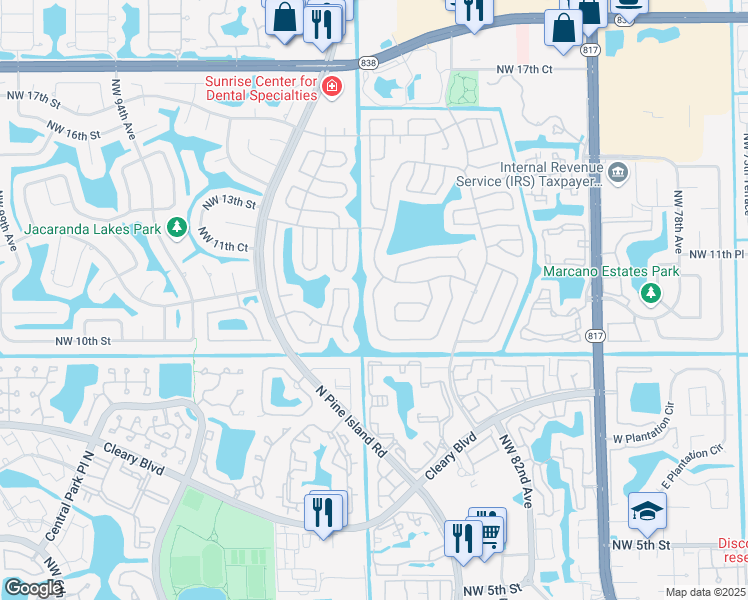 map of restaurants, bars, coffee shops, grocery stores, and more near 1045 Northwest 88th Avenue in Plantation