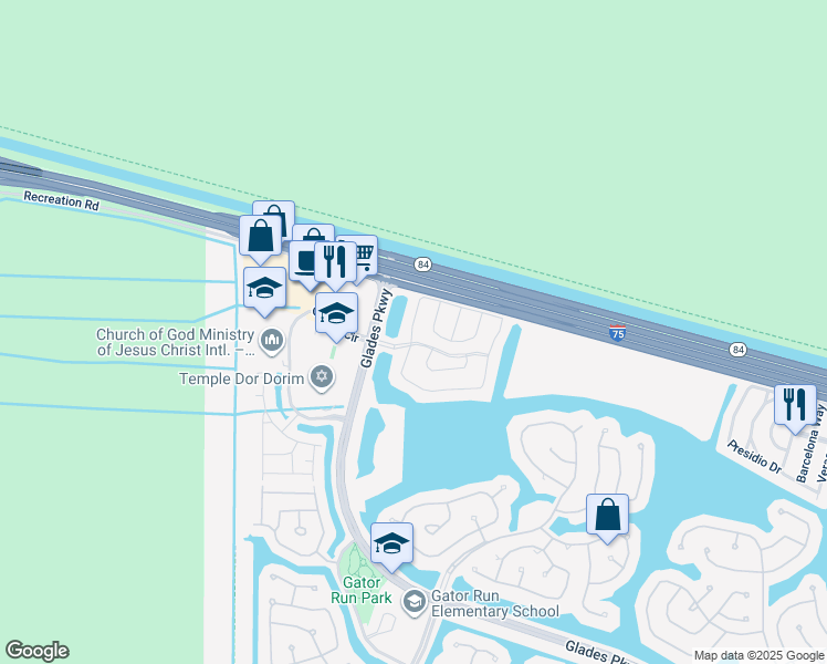 map of restaurants, bars, coffee shops, grocery stores, and more near 2090 Madeira Drive in Weston