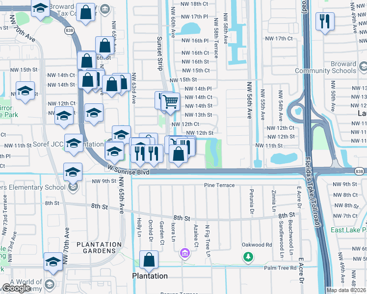 map of restaurants, bars, coffee shops, grocery stores, and more near 5985 Del Lago Circle in Sunrise
