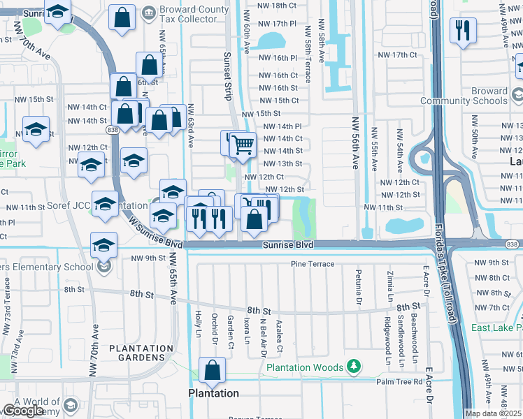 map of restaurants, bars, coffee shops, grocery stores, and more near 6005 Del Lago Circle in Sunrise