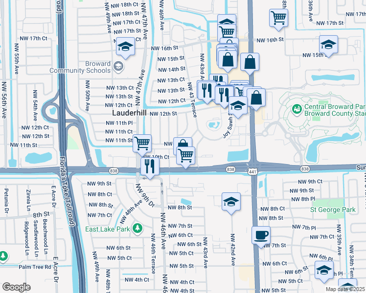 map of restaurants, bars, coffee shops, grocery stores, and more near 4420 Northwest 11th Street in Lauderhill