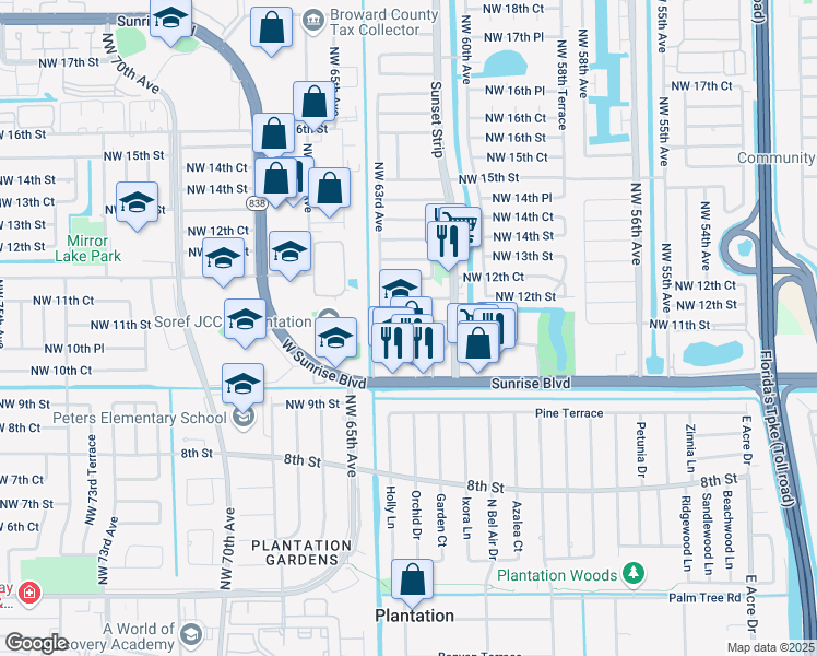 map of restaurants, bars, coffee shops, grocery stores, and more near 6196 Northwest 11th Street in Sunrise