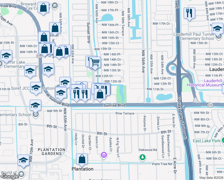 map of restaurants, bars, coffee shops, grocery stores, and more near 5935 Del Lago Circle in Sunrise