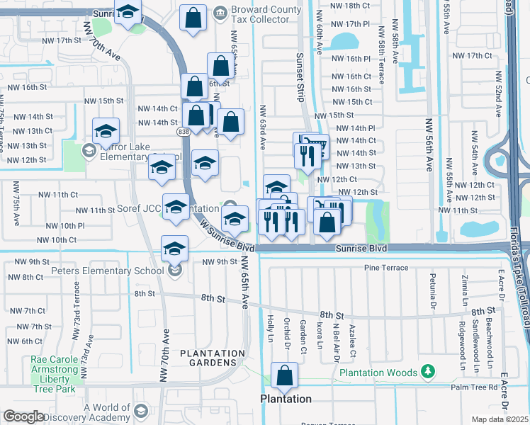 map of restaurants, bars, coffee shops, grocery stores, and more near 6390 Northwest 11th Street in Sunrise