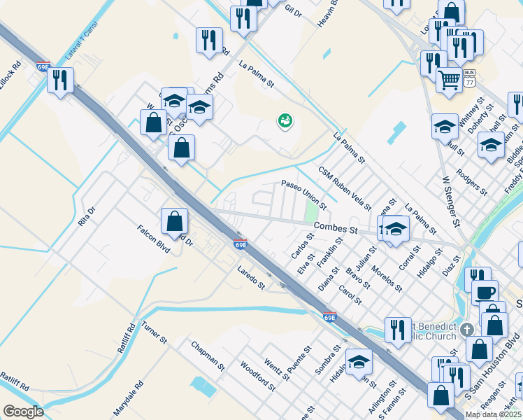 map of restaurants, bars, coffee shops, grocery stores, and more near 1702 Combes Street in San Benito