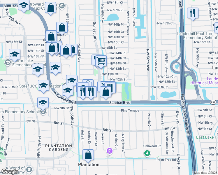 map of restaurants, bars, coffee shops, grocery stores, and more near 6005 Del Lago Circle in Sunrise