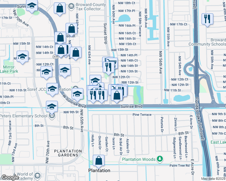 map of restaurants, bars, coffee shops, grocery stores, and more near 6005 Del Lago Circle in Sunrise