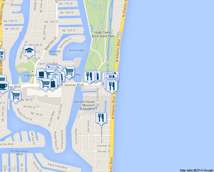 map of restaurants, bars, coffee shops, grocery stores, and more near 915 East Sunrise Boulevard in Fort Lauderdale