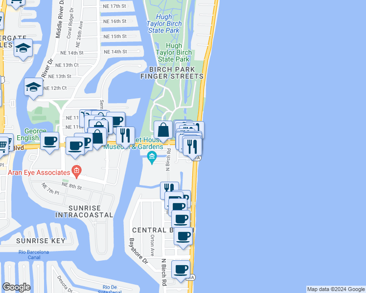map of restaurants, bars, coffee shops, grocery stores, and more near 915 East Sunrise Boulevard in Fort Lauderdale