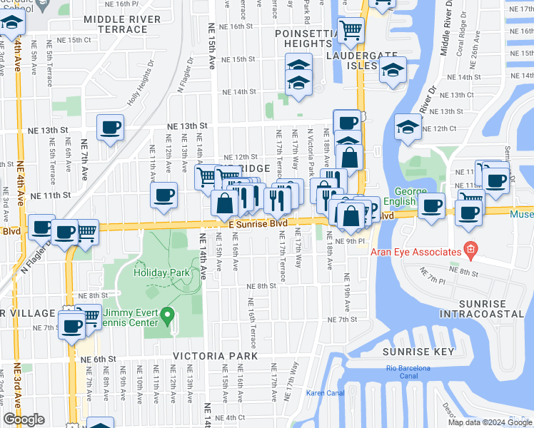 map of restaurants, bars, coffee shops, grocery stores, and more near 1010 Northeast 17th Avenue in Fort Lauderdale