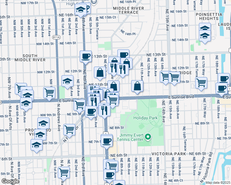 map of restaurants, bars, coffee shops, grocery stores, and more near 1011 Northeast 8th Avenue in Fort Lauderdale