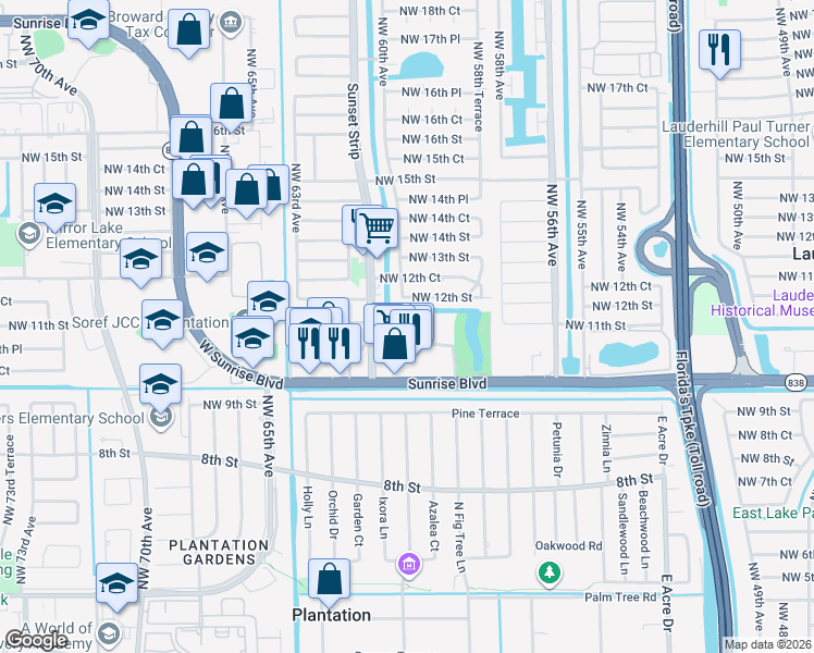 map of restaurants, bars, coffee shops, grocery stores, and more near 6005 Del Lago Circle in Sunrise