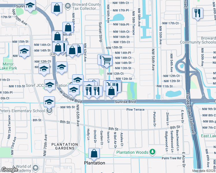 map of restaurants, bars, coffee shops, grocery stores, and more near 6005 Del Lago Circle in Sunrise