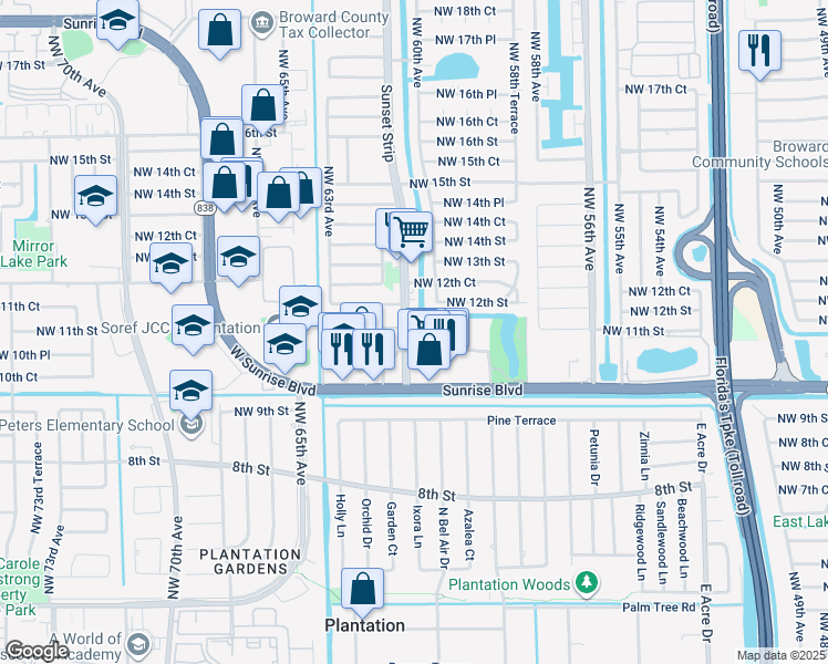 map of restaurants, bars, coffee shops, grocery stores, and more near 6005 Del Lago Circle in Sunrise