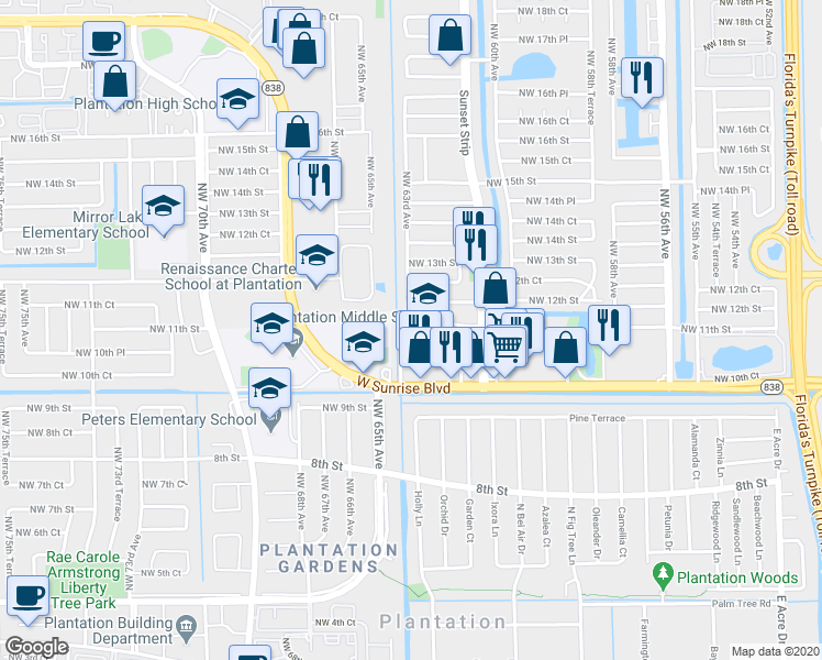 map of restaurants, bars, coffee shops, grocery stores, and more near 6390 Northwest 11th Street in Sunrise