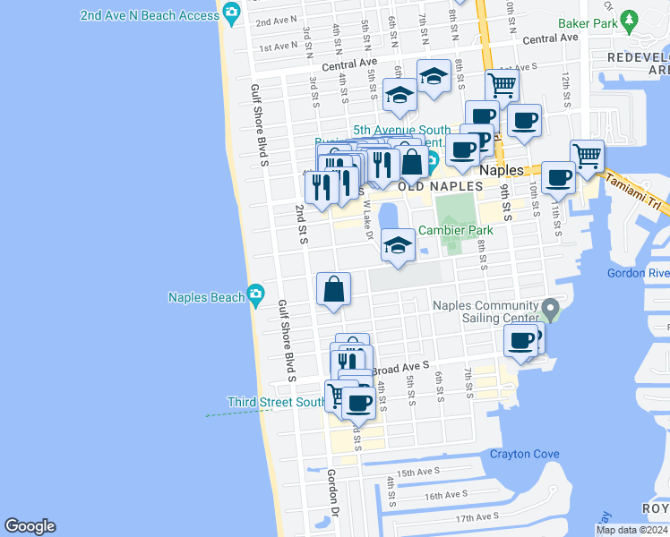 map of restaurants, bars, coffee shops, grocery stores, and more near 801 3rd Street South in Naples
