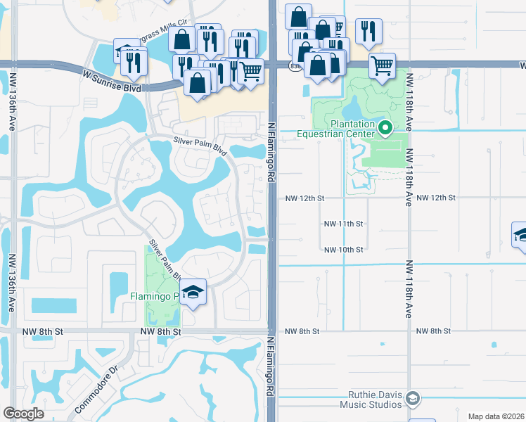map of restaurants, bars, coffee shops, grocery stores, and more near 1240 Northwest 125th Terrace in Sunrise