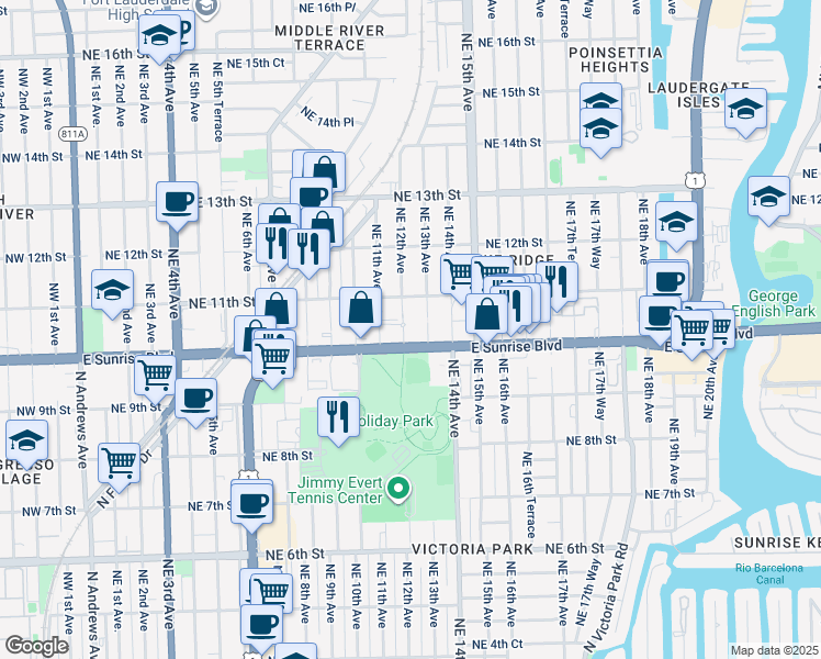 map of restaurants, bars, coffee shops, grocery stores, and more near 1020 Northeast 12th Avenue in Fort Lauderdale