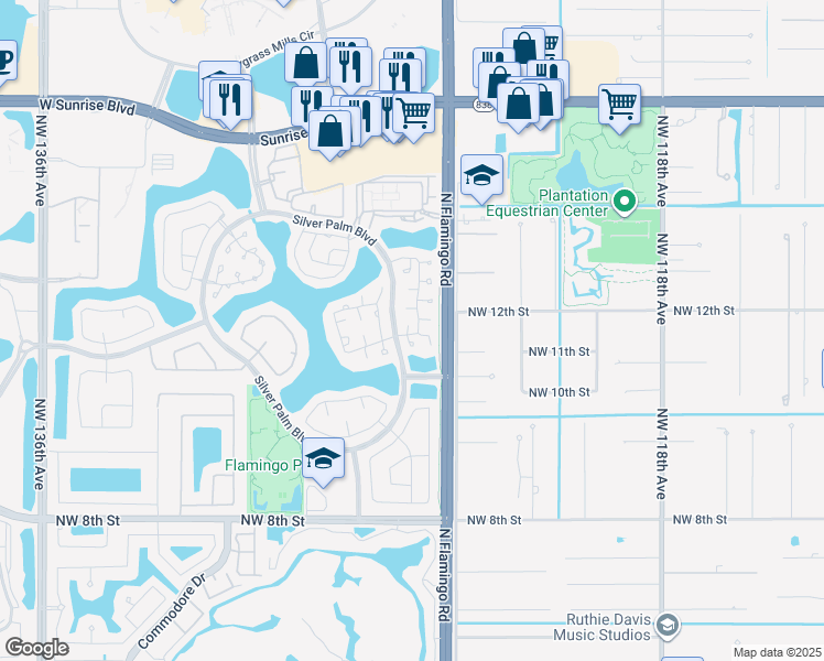 map of restaurants, bars, coffee shops, grocery stores, and more near 1202 Northwest 125th Terrace in Sunrise