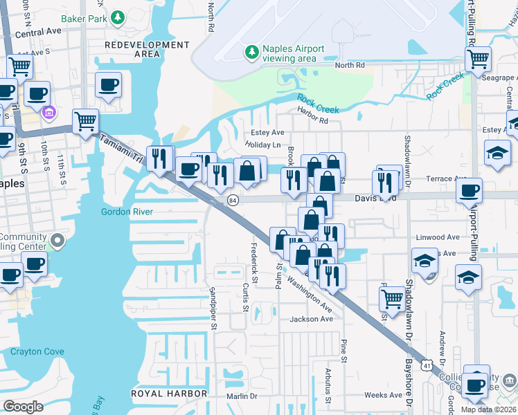 map of restaurants, bars, coffee shops, grocery stores, and more near 2000 Davis Boulevard in Naples