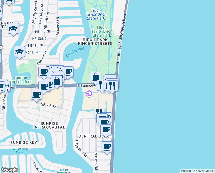 map of restaurants, bars, coffee shops, grocery stores, and more near 915 East Sunrise Boulevard in Fort Lauderdale