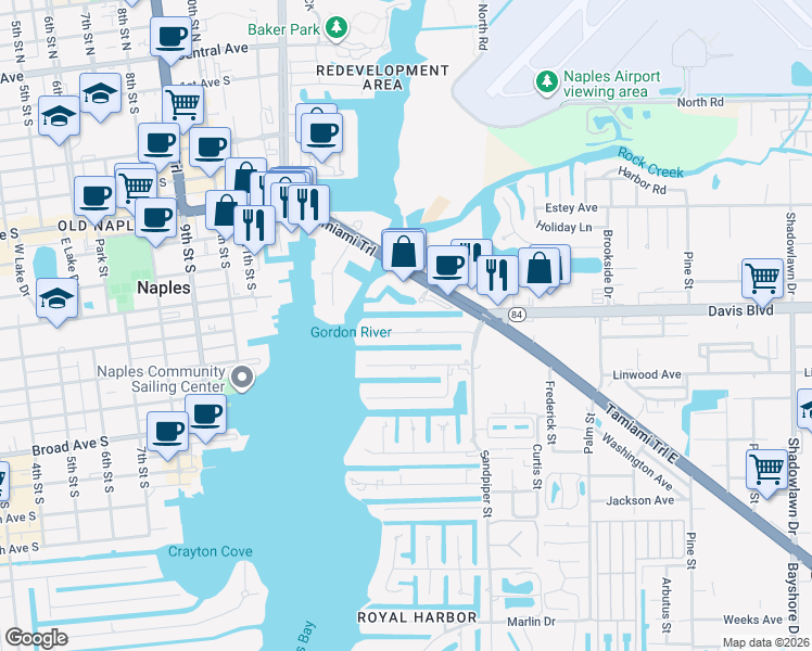 map of restaurants, bars, coffee shops, grocery stores, and more near 1475 Curlew Avenue in Naples