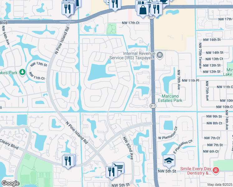 map of restaurants, bars, coffee shops, grocery stores, and more near 1142 Northwest 85th Avenue in Plantation