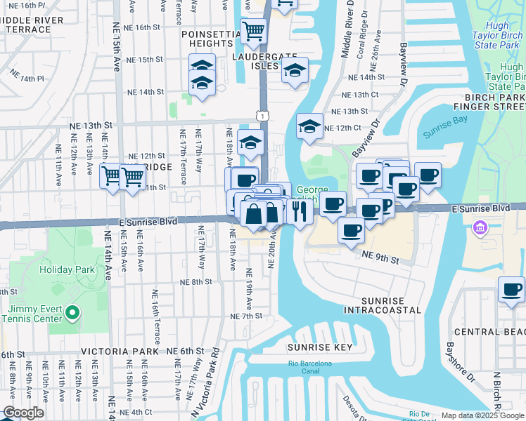 map of restaurants, bars, coffee shops, grocery stores, and more near 1100 North Federal Highway in Fort Lauderdale
