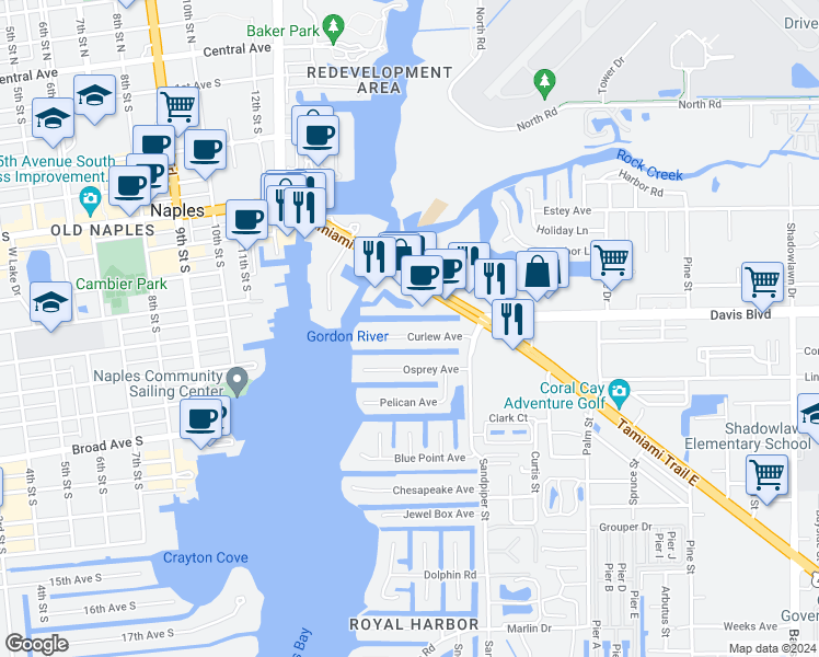 map of restaurants, bars, coffee shops, grocery stores, and more near 1485 Curlew Avenue in Naples