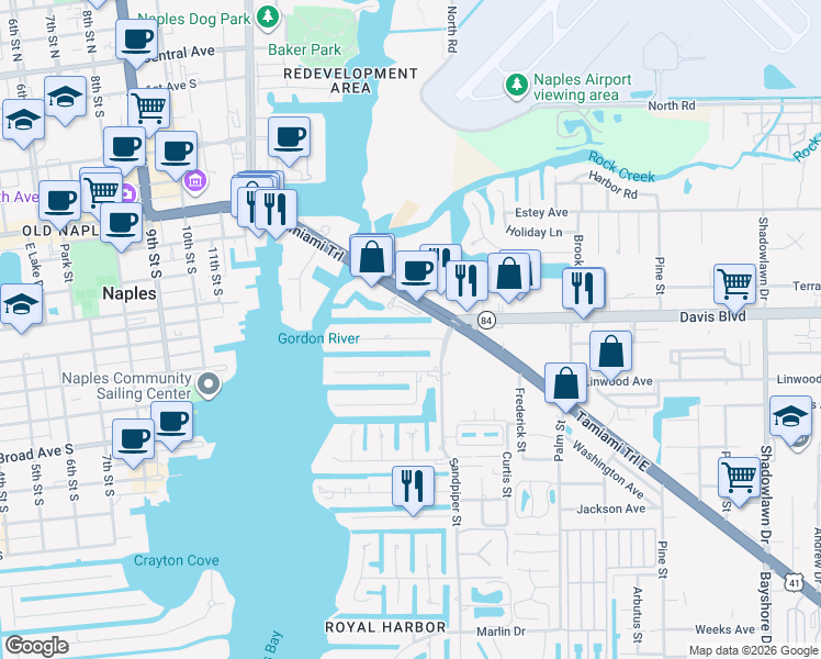 map of restaurants, bars, coffee shops, grocery stores, and more near 1594 Curlew Avenue in Naples