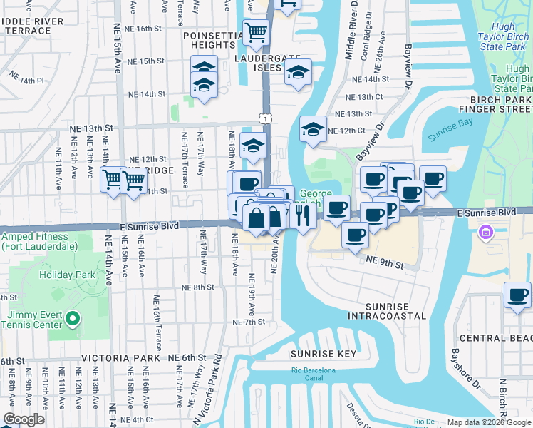 map of restaurants, bars, coffee shops, grocery stores, and more near 1998 East Sunrise Boulevard in Fort Lauderdale