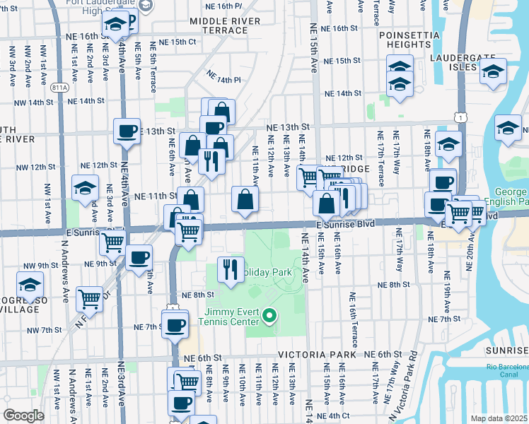 map of restaurants, bars, coffee shops, grocery stores, and more near 1119 East Sunrise Boulevard in Fort Lauderdale
