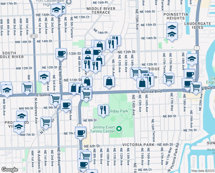 map of restaurants, bars, coffee shops, grocery stores, and more near 1017 East Sunrise Boulevard in Fort Lauderdale