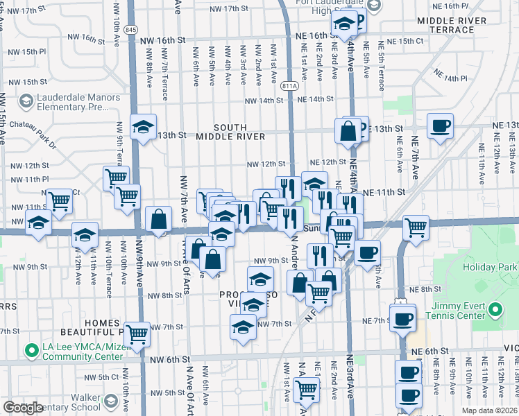 map of restaurants, bars, coffee shops, grocery stores, and more near 1019 Northwest 2nd Avenue in Fort Lauderdale