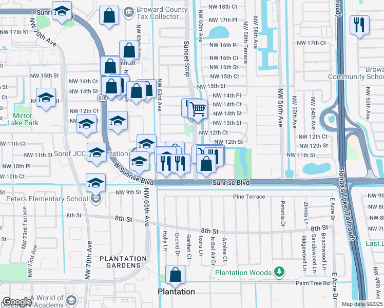 map of restaurants, bars, coffee shops, grocery stores, and more near 1075 Sunset Strip in Lauderhill