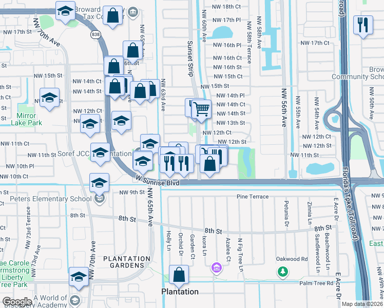 map of restaurants, bars, coffee shops, grocery stores, and more near 1075 Sunset Strip in Lauderhill