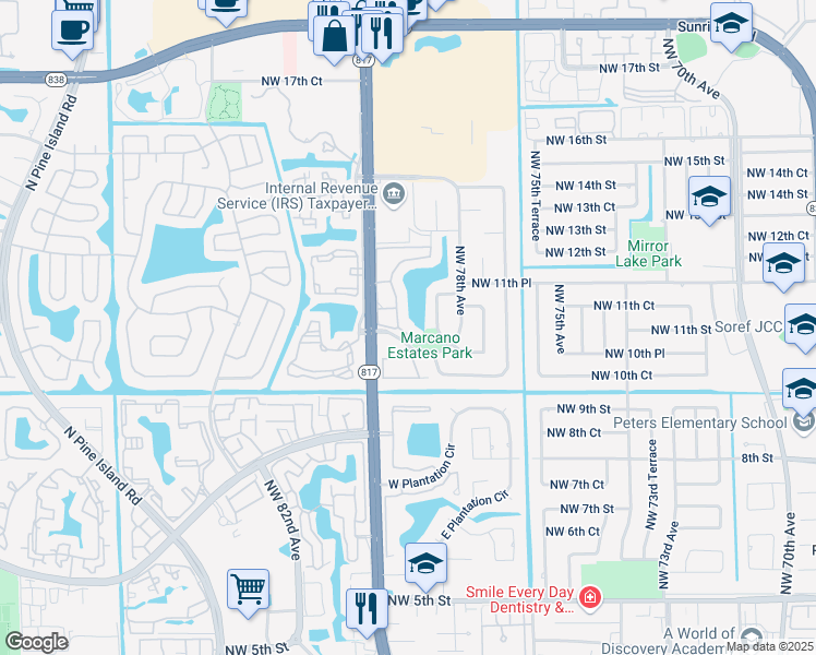 map of restaurants, bars, coffee shops, grocery stores, and more near 7980 South Marcano Boulevard in Plantation