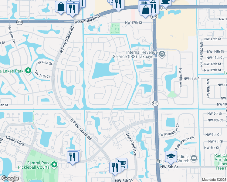 map of restaurants, bars, coffee shops, grocery stores, and more near 1055 Northwest 85th Terrace in Plantation