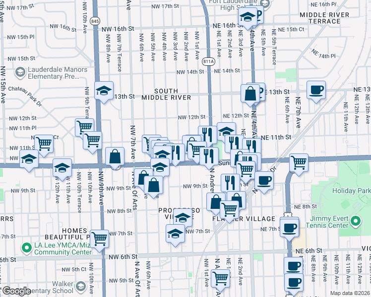 map of restaurants, bars, coffee shops, grocery stores, and more near 1019 Northwest 2nd Avenue in Fort Lauderdale