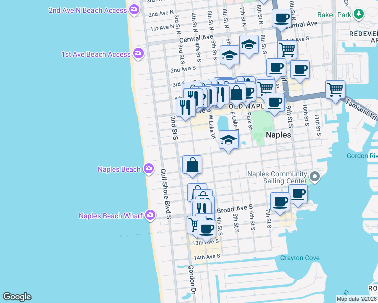 map of restaurants, bars, coffee shops, grocery stores, and more near 801 3rd Street South in Naples