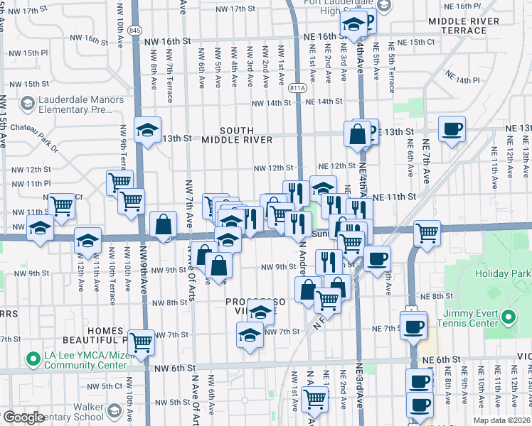 map of restaurants, bars, coffee shops, grocery stores, and more near 1019 Northwest 2nd Avenue in Fort Lauderdale