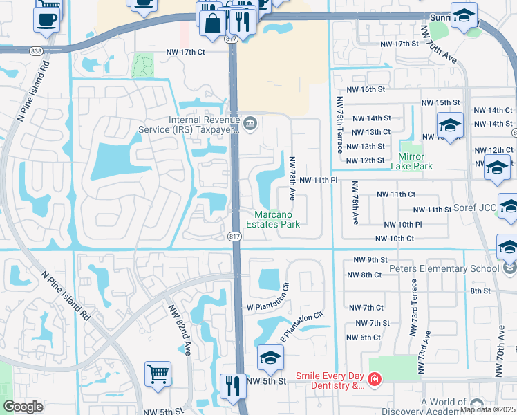 map of restaurants, bars, coffee shops, grocery stores, and more near 7980 South Marcano Boulevard in Plantation